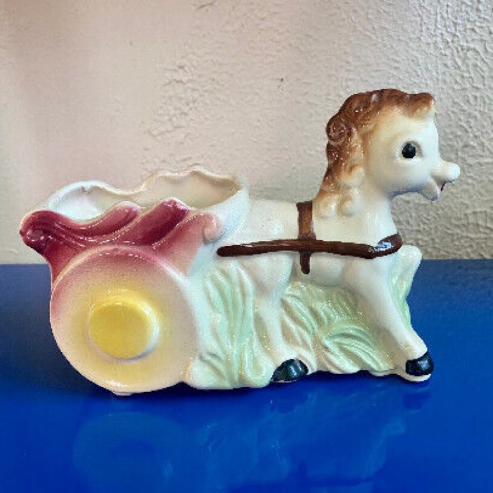Vintage Mid-Century Ceramic Horse and Buggy Planter